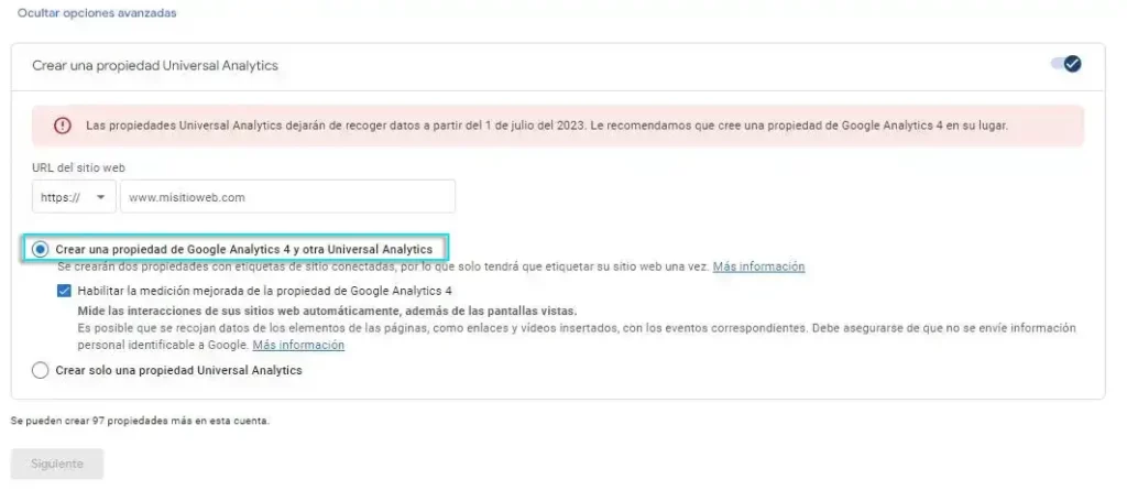 Configuración propiedad UA